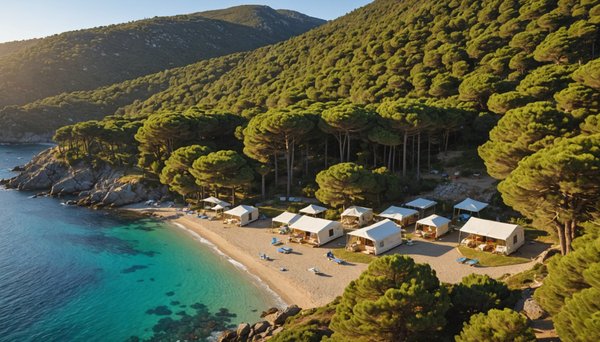 Quels sont les différents types d'emplacements disponibles dans une aire de camping naturiste en Corse ?